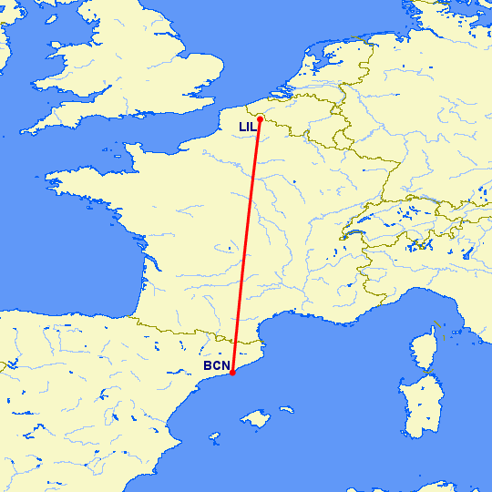 перелет Лилль — Барселона на карте