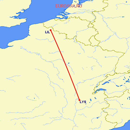 перелет Лилль — Лион на карте