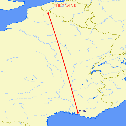перелет Лилль — Марсель на карте