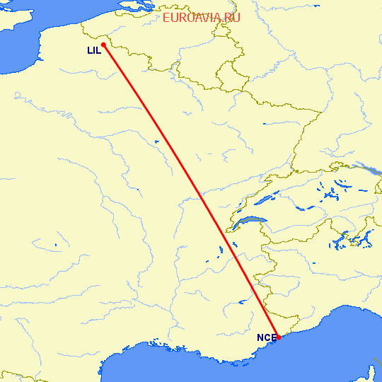 перелет Лилль — Ницца на карте
