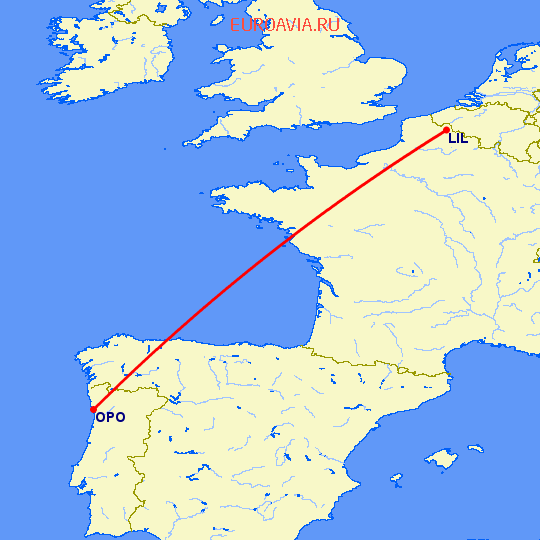 перелет Лилль — Порту на карте