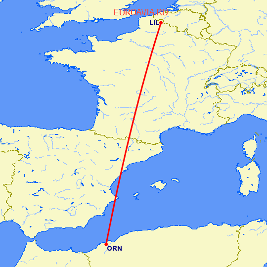 перелет Лилль — Оран на карте