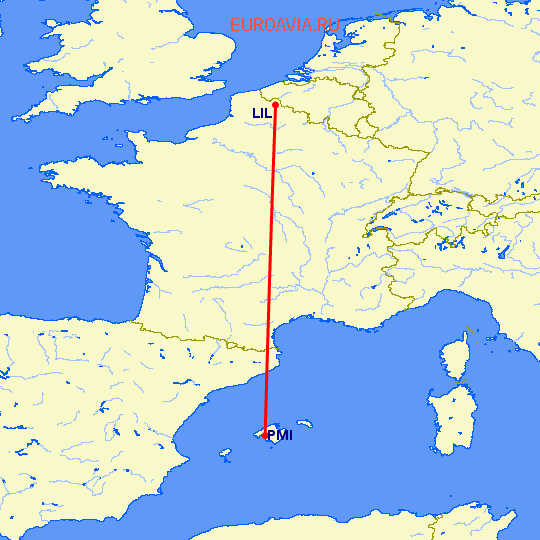 перелет Лилль — Пальма де Майорка на карте