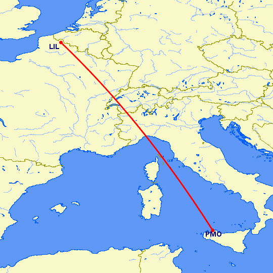 перелет Лилль — Палермо на карте