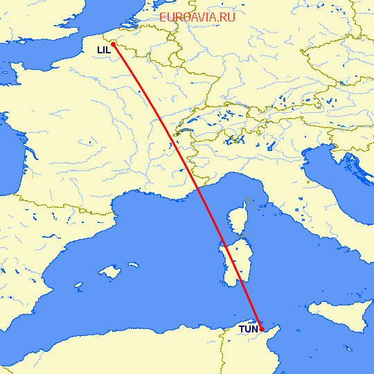 перелет Лилль — Тунис на карте