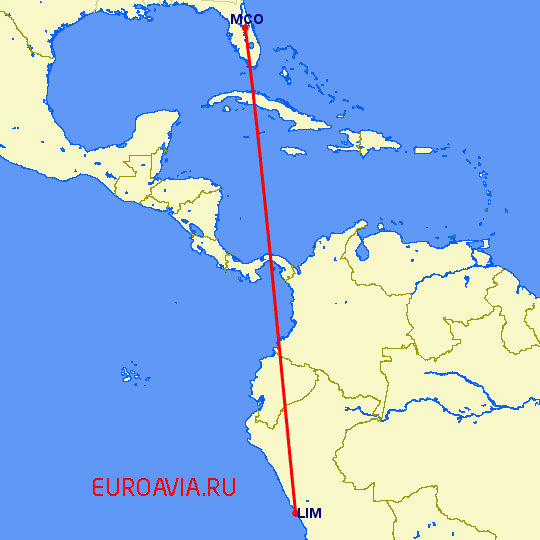перелет Лима — Орландо на карте