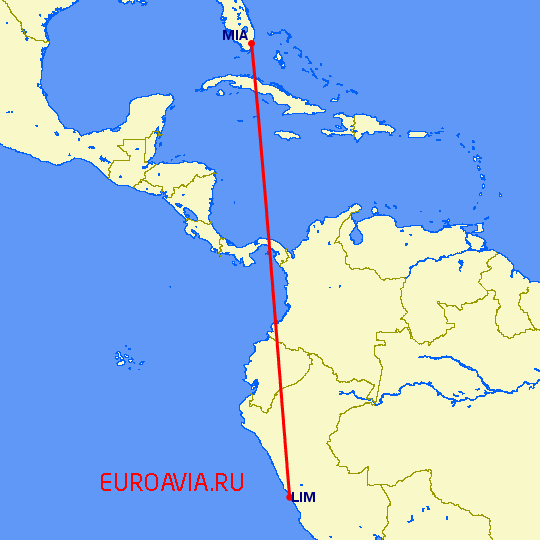 перелет Лима — Майами на карте