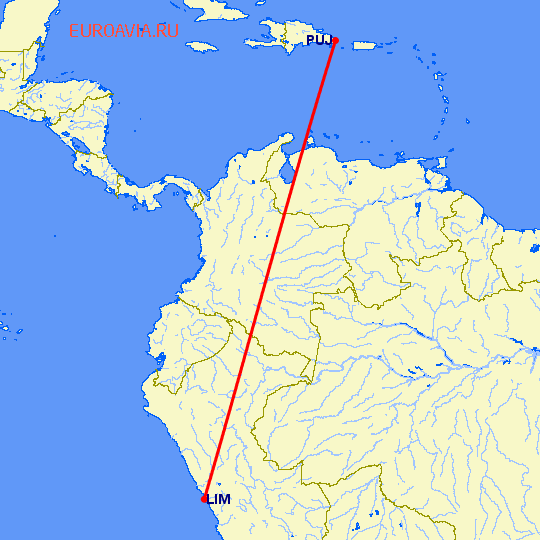 перелет Лима — Пунта Кана на карте