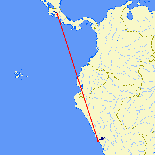 перелет Лима — Сан Хосе на карте