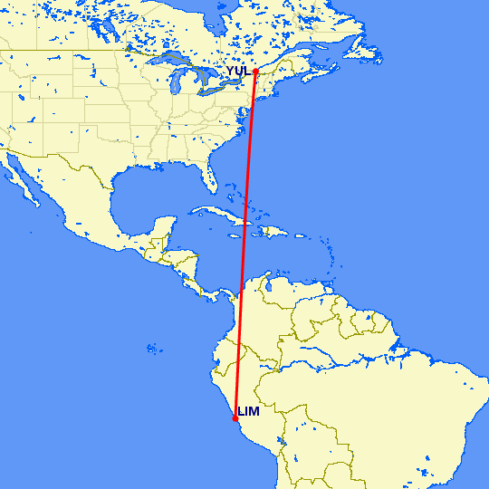 перелет Лима — Монреаль на карте