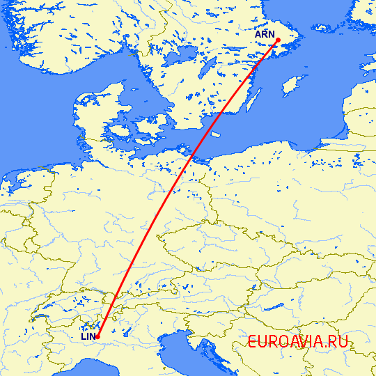 перелет Милан — Стокгольм на карте