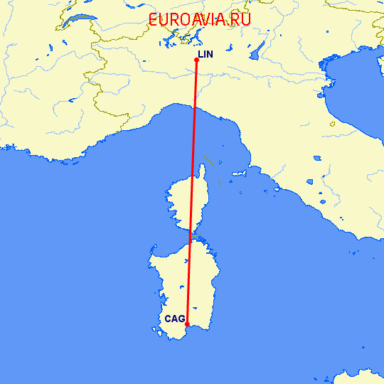 перелет Милан — Кальяри на карте
