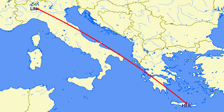 перелет Милан — Ираклион на карте