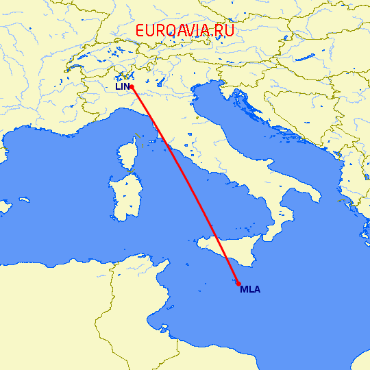 перелет Милан — Мальта на карте