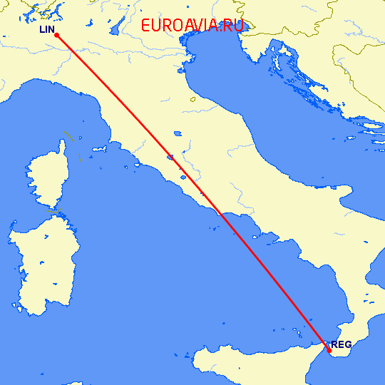 перелет Милан — Редджио Калабрия на карте