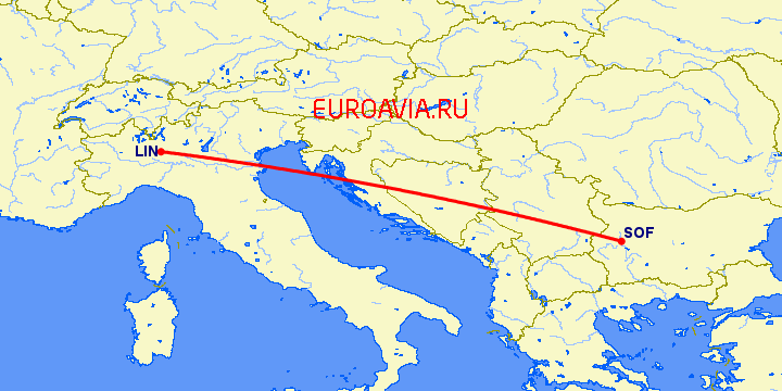 перелет Милан — София на карте