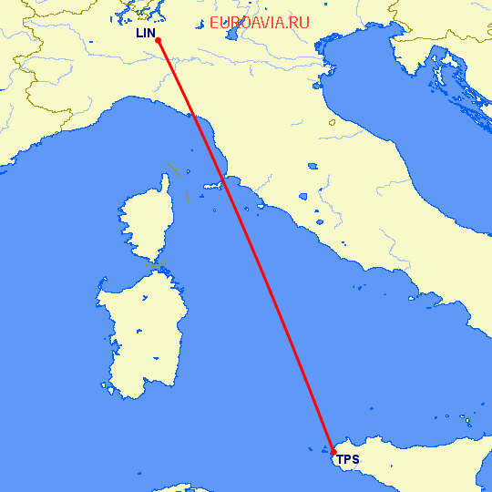 перелет Милан — Тапини на карте
