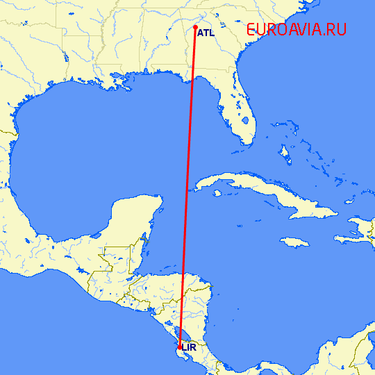 перелет Либерия — Атланта на карте
