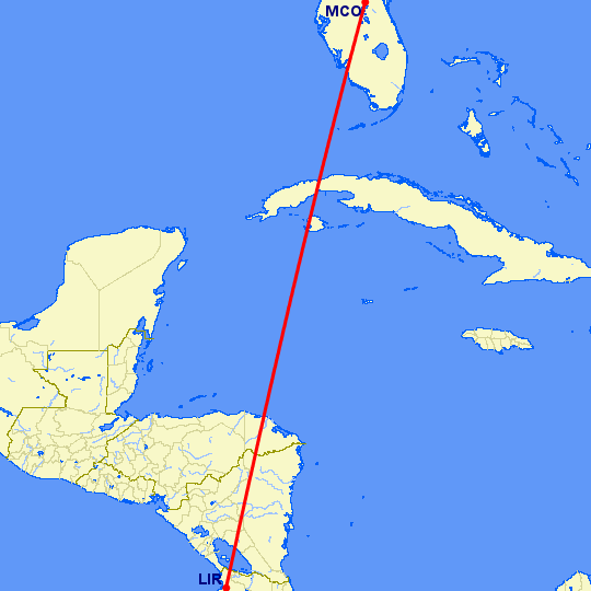 перелет Либерия — Орландо на карте