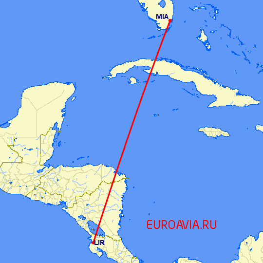 перелет Либерия — Майами на карте