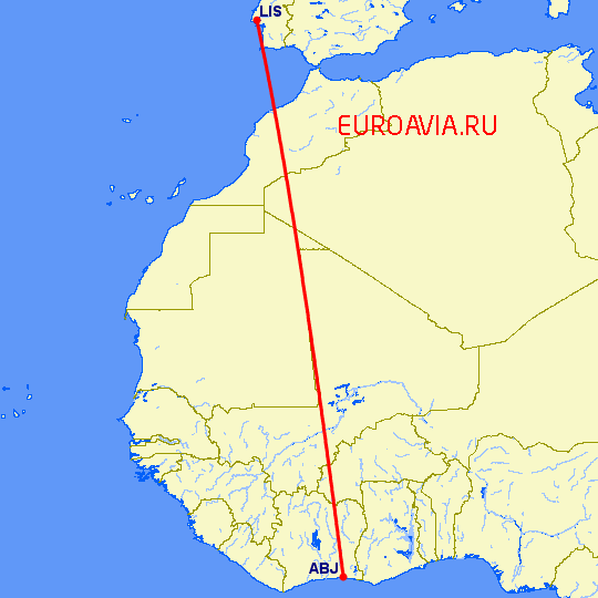 перелет Лиссабон — Абиджан на карте