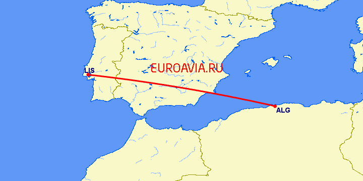 перелет Лиссабон — Алжир на карте