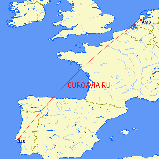 перелет Лиссабон — Амстердам на карте