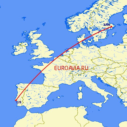 перелет Лиссабон — Стокгольм на карте