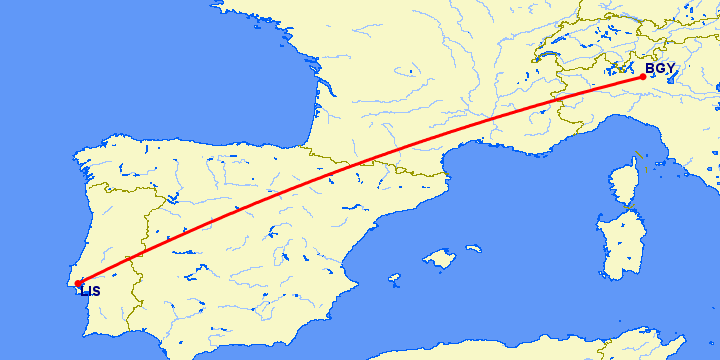 перелет Лиссабон — Бергамо на карте
