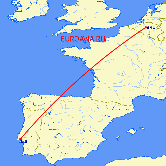 перелет Лиссабон — Брюссель на карте