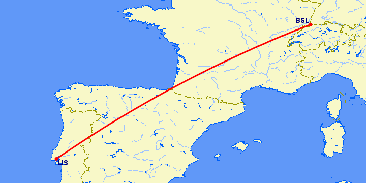 перелет Лиссабон — Базель-Мюлуз на карте