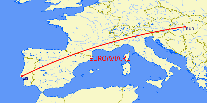 перелет Лиссабон — Будапешт на карте
