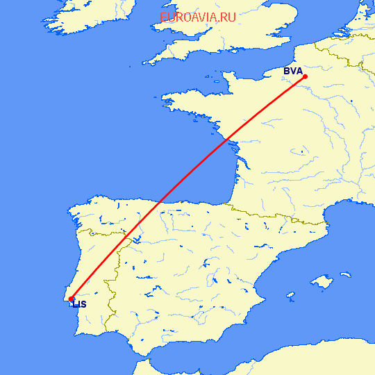 перелет Лиссабон — Париж на карте