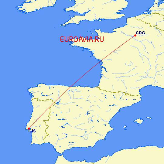 перелет Лиссабон — Париж на карте