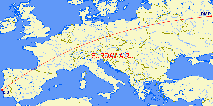 перелет Лиссабон — Москва на карте