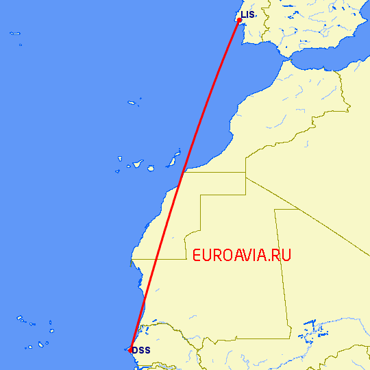 перелет Лиссабон — Дакар на карте