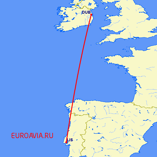 перелет Лиссабон — Дублин на карте