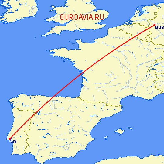 перелет Лиссабон — Дюссельдорф на карте
