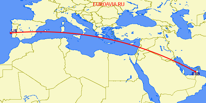перелет Лиссабон — Дубай на карте