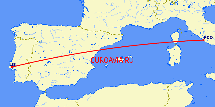 перелет Лиссабон — Рим на карте
