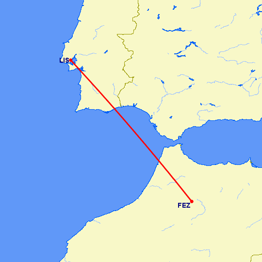 перелет Лиссабон — Фес на карте