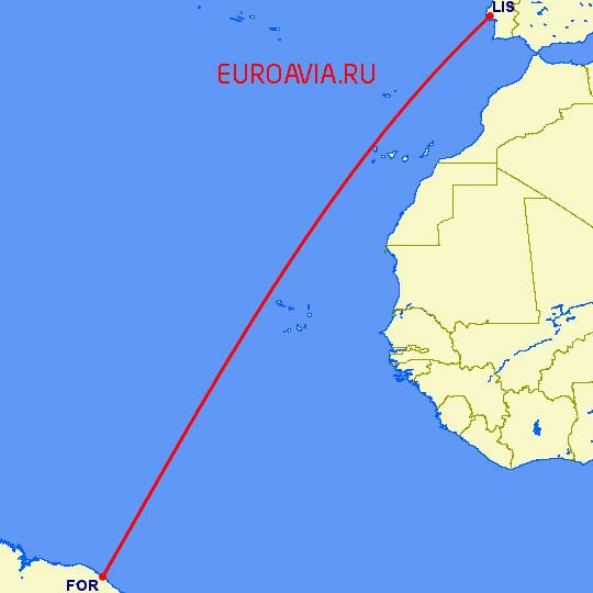 перелет Лиссабон — Форталеса на карте
