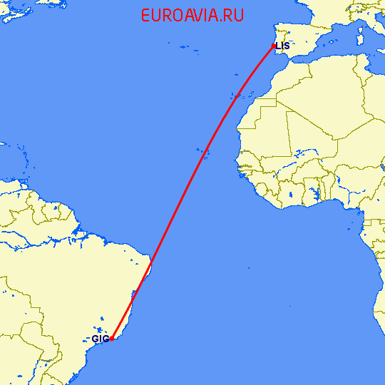 перелет Лиссабон — Рио-де-Жанейро на карте