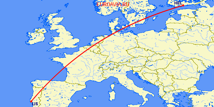 перелет Лиссабон — Хельсинки на карте