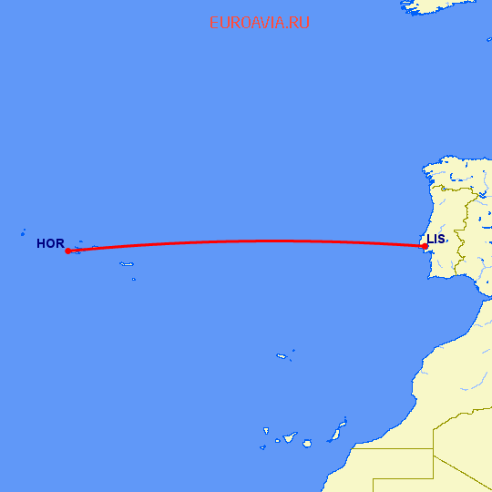 перелет Лиссабон — Horta на карте