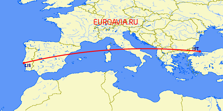 перелет Лиссабон — Стамбул на карте