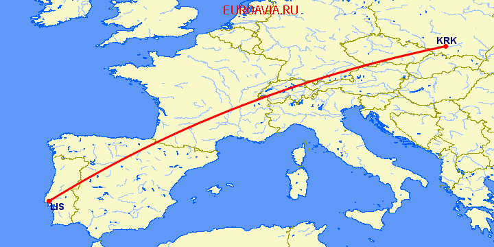 перелет Лиссабон — Краков на карте