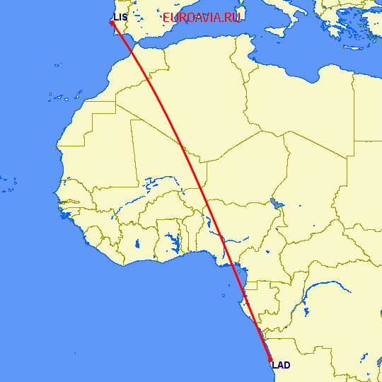 перелет Лиссабон — Луанда на карте