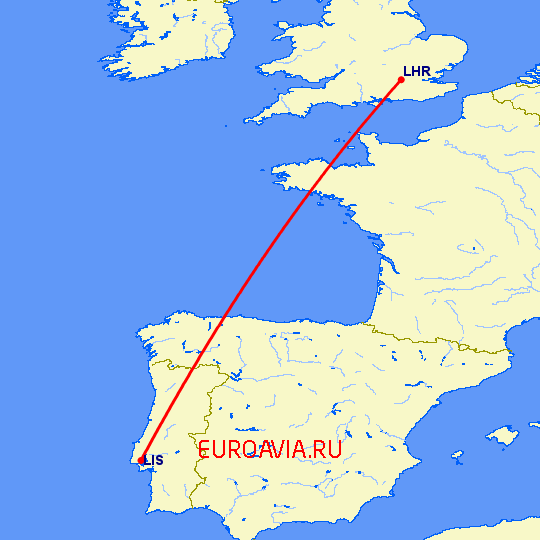 перелет Лиссабон — Лондон на карте