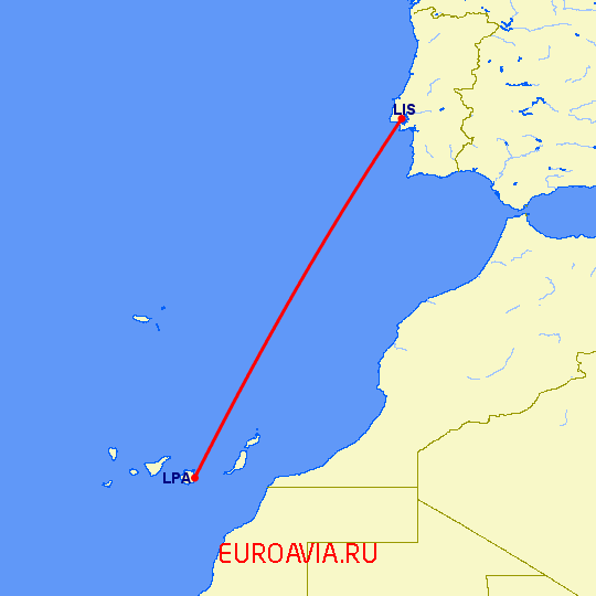 перелет Лиссабон — Лас Пальмас на карте